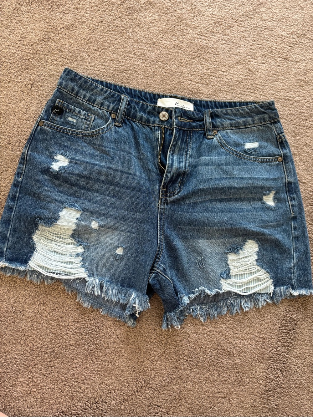 KanCan Distressed Dark Blue Denim Shorts with Frayed Hem